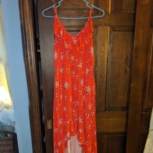 Women's Express High low dress L Red Paisley Ruffles cut out back
